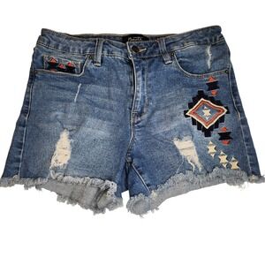 NANETTE Cu-Off Denim Shorts Women 6 Embroidered Aztec Southwestern Distressed